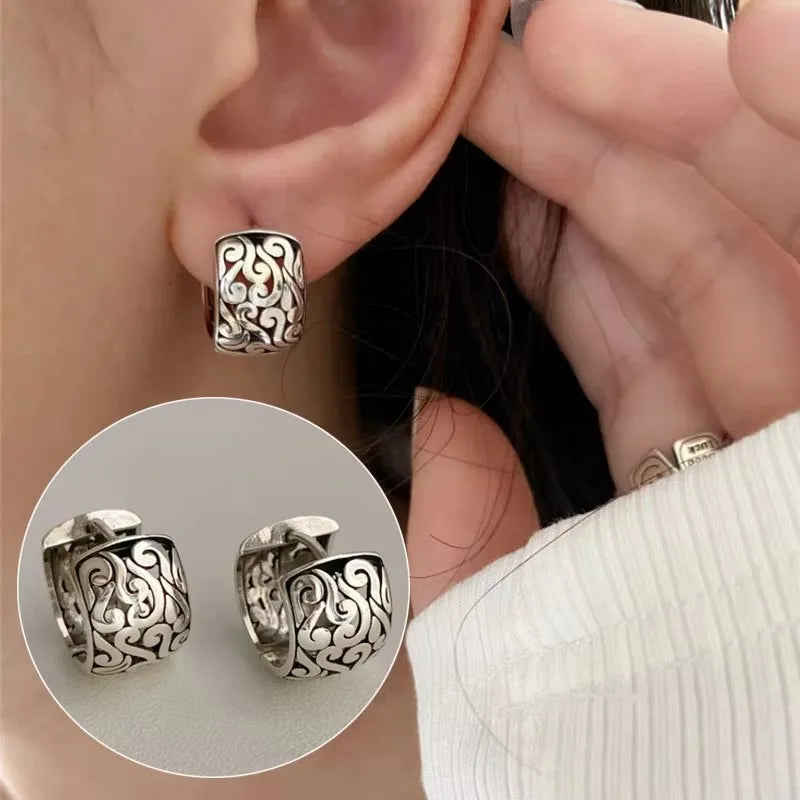 925 Sterling Silver Texture Flower Earrings For Women Gothic Trendy Simple Retro Earring Jewelry Party Accessories