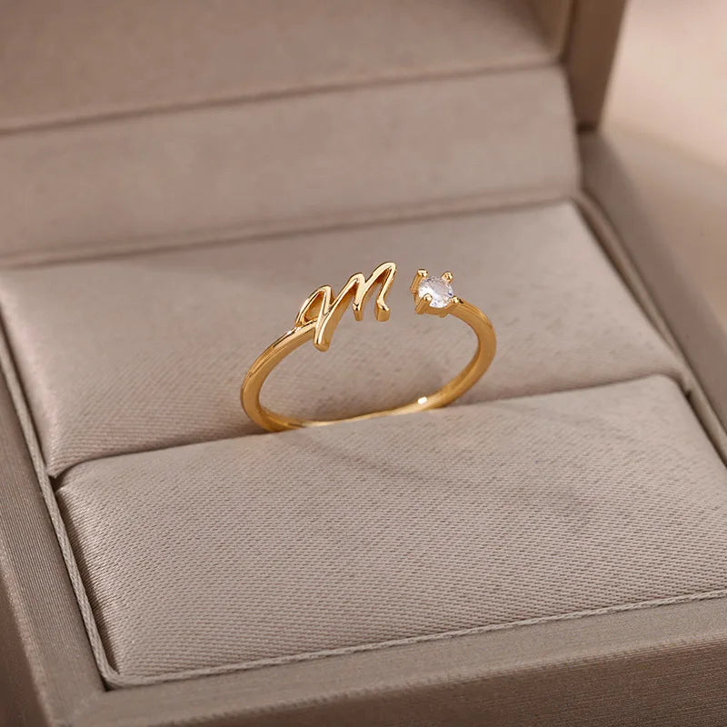 Zircon Tiny Initial Letter Rings For Women Stainless Steel A-Z Letters Adjustable Ring Female Christmas Aesthetic Jewelry Gift