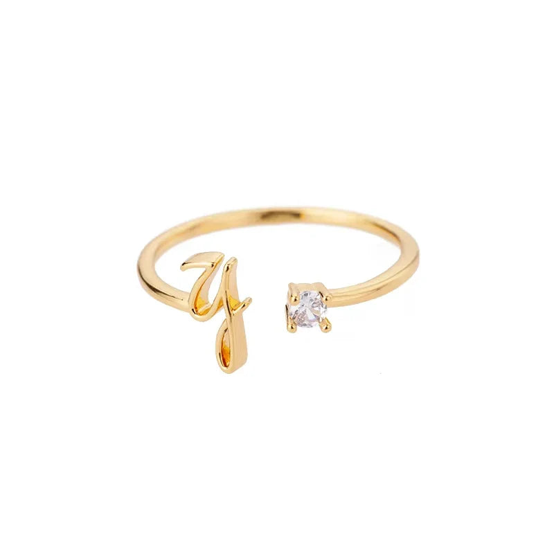 A-Z Initial Letter Open Rings for Women Stainless Steel Gold Color Zircon Adjustable Ring Trendy Couple Wedding Jewelry Gift