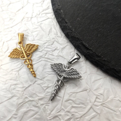 18K Gold Plated Stainless Steel Angel Wing Serpent Necklace - Greek Caduceus Pendant, Doctor/Nurse Charm Jewelry