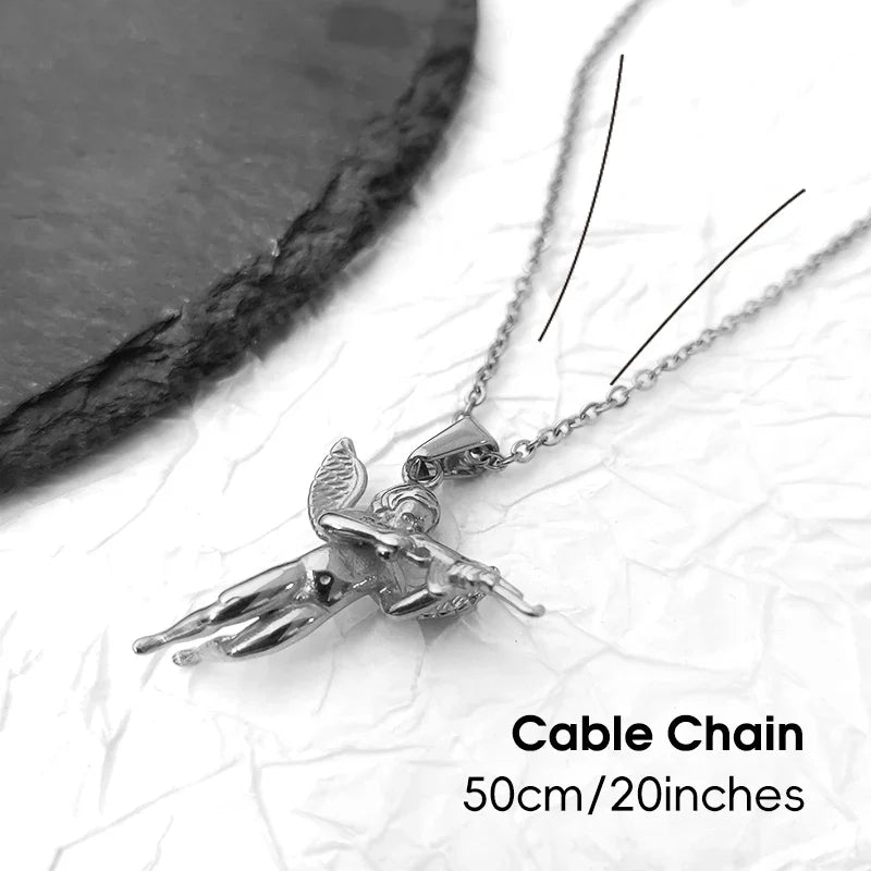 3D Angel with Gun Pendant Necklace for Men - 18K Gold Plated & 316L Steel Rope Chain Hip Hop Gothic Jewelry Gift Cupid's Reveng