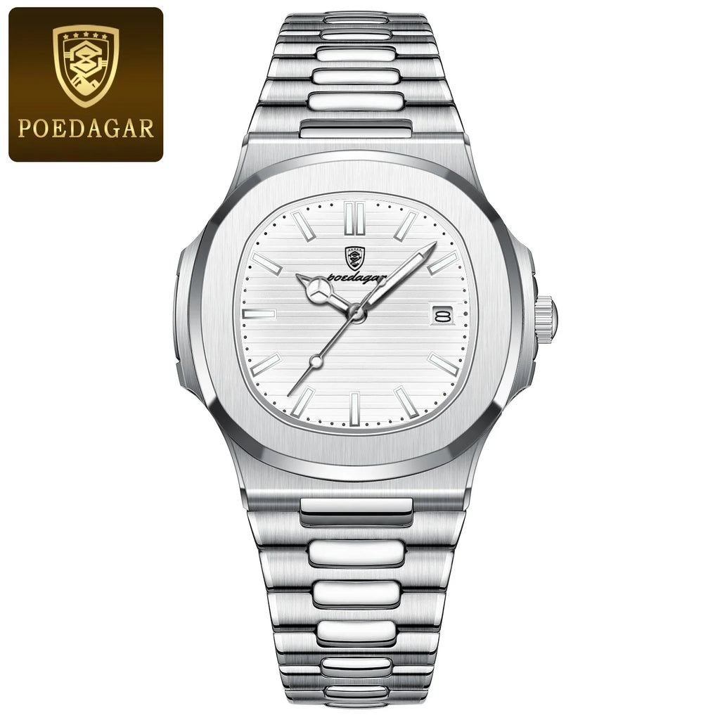POEDAGAR Fashion Square Male Quartz Watch Waterproof Luminous Date Stainless Steel Man Watch Business Luxury Men's Watches Reloj