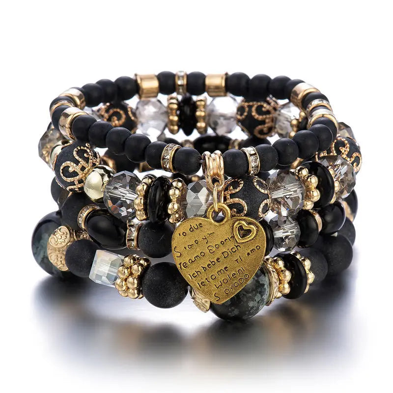4Pcs/set Boho Ethnic Heart Beaded Bracelet Set For Women Handmade Crystal Beads Chain Bangle Female Bohemia Jewelry Gift