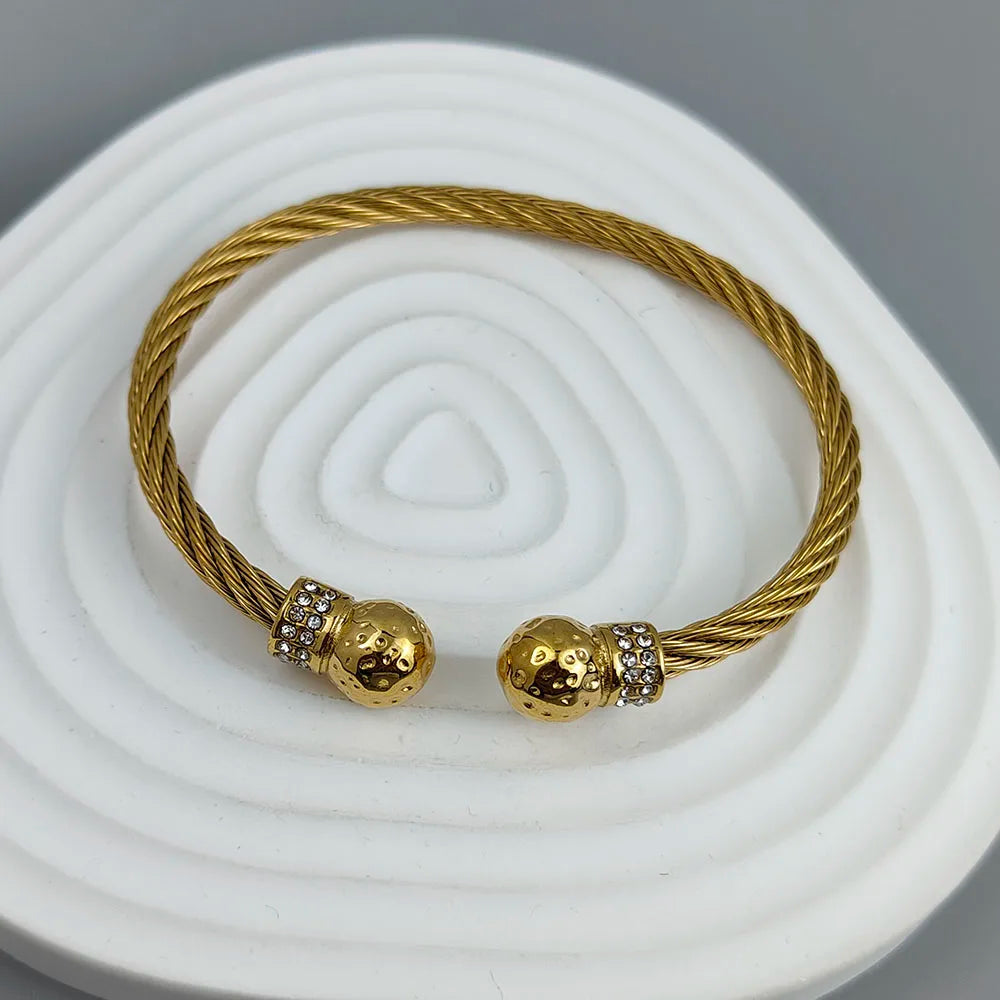 Wire twisted double ball zirconia stainless steel gold plated 18K bracelet, high quality waterproof silver jewelry, couple gift