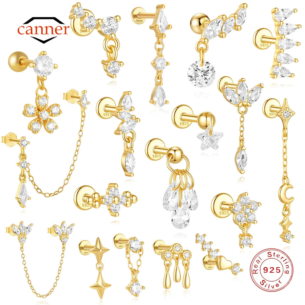 CANNER 1PC Four Pointed Star Moon Tassel Lotus Cartilage Spiral Puncture 925 Sterling Silver Stud Earring For Women Ins Earring