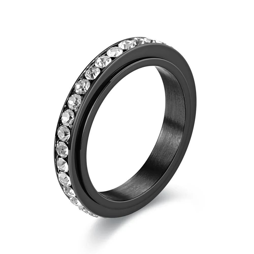 4MM Stainless Steel Spinner Finger Rings For Women Crystal Rotatable Wedding Ring Men Fashion Anniversary Party Jewelry