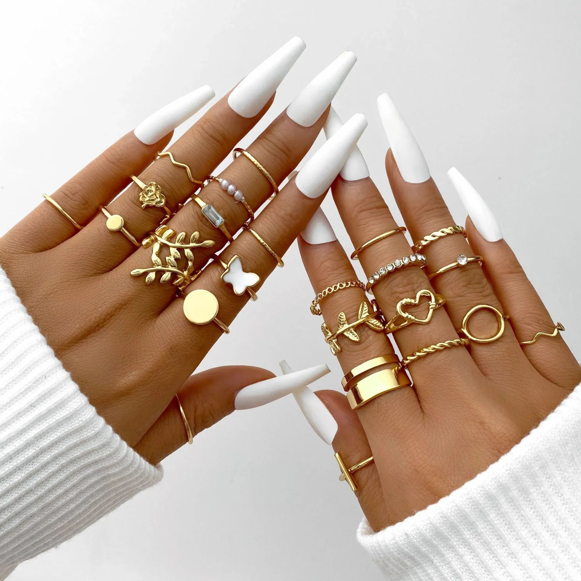 30 PCS Silver Color Geometric Ring Set For Women Vintage Heart Eye Cross Sun And Moon Leaf Charm Finger Ring Female Boho Jewelry