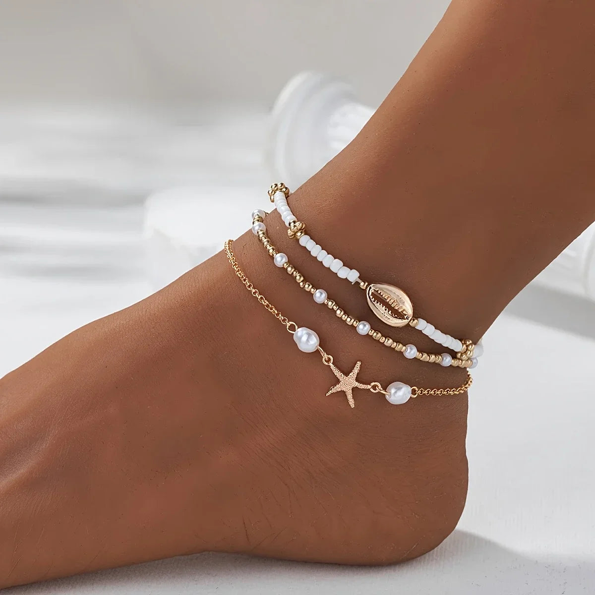 3 Pcs Beach Beaded Anklet Set for Women Vintage Summer Gold Color Starfish Shell Charms Anklet Vacation Daily Wear Jewelry Gifts