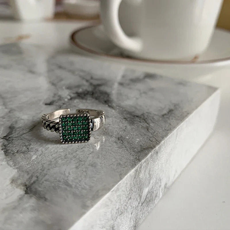 925 Sterling Silver plated Ring for Women Girl Gift Blace Stone Crystal Glaze Retro Punk Open Jewelry Dropship Wholesale