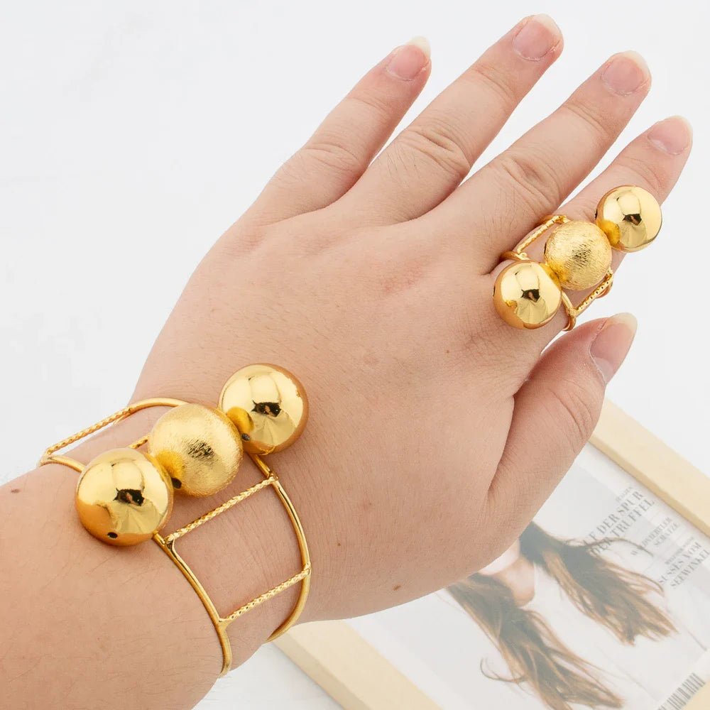 African Gold Color Jewelry Set for Women Beads Design Cuff Bangle and Ring Dubai Weddings Bride Jewelry Set Accessories Gifts