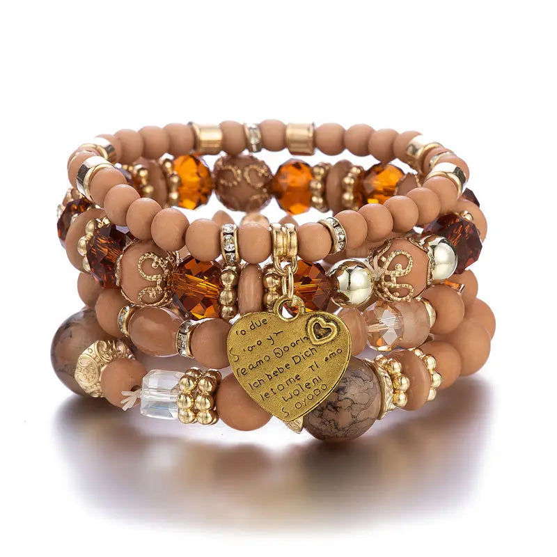 4Pcs/set Boho Ethnic Heart Beaded Bracelet Set For Women Handmade Crystal Beads Chain Bangle Female Bohemia Jewelry Gift