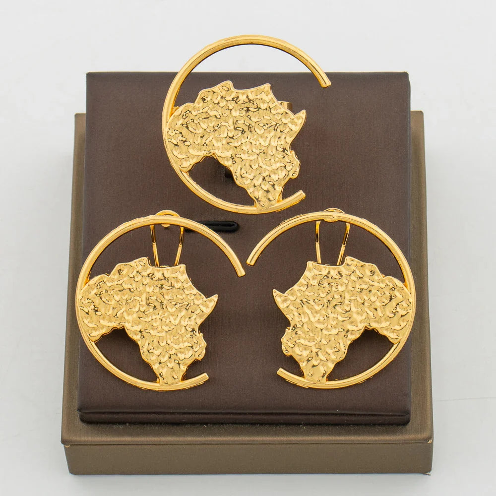 African Gold Color Earrings Ring Jewelry Set for Women Copper Alloy Clip Earrings and Finger Ring 2Pcs Set Weddings Daily Wear