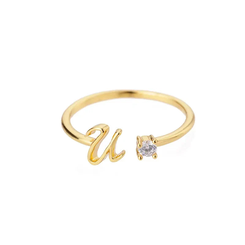 A-Z Initial Letter Open Rings for Women Stainless Steel Gold Color Zircon Adjustable Ring Trendy Couple Wedding Jewelry Gift