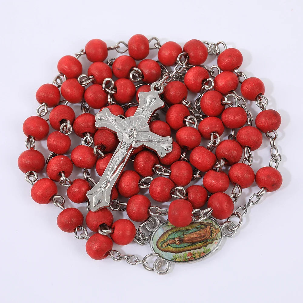 Blue Rosary Necklace For Women Men 6MM Wooden Prayer Beads Long Chain Religious Virgin Mary Cross Pendant Men Party Jewelry Gift