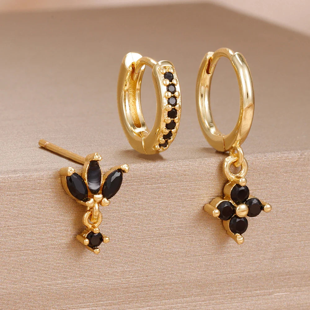 3PCS Fashion Orange Blue Zircon Hanging Earrings Set for Women Stainless Steel Flower Dangle Earring Piercing Jewelry