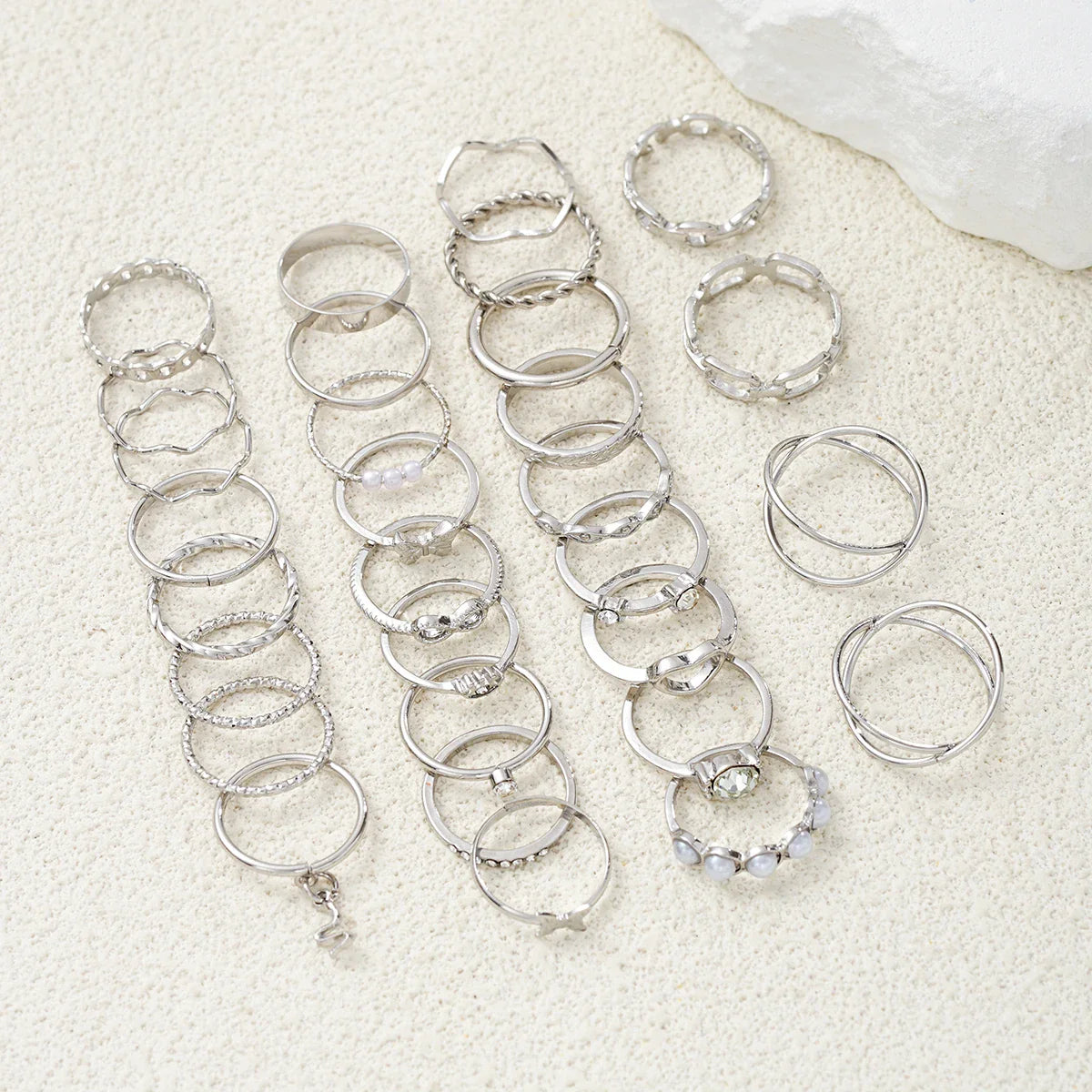 30 PCS Silver Color Geometric Ring Set For Women Vintage Heart Eye Cross Sun And Moon Leaf Charm Finger Ring Female Boho Jewelry