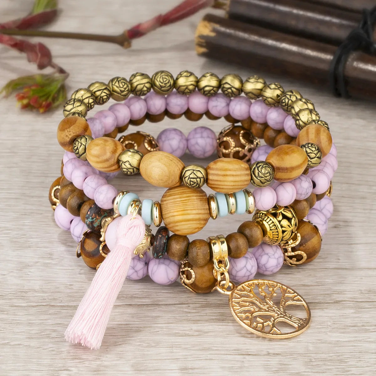 Boho Tree Of Life Bracelet Set For Women Fashion Tassels Charm Wooden Beads Elastic Chain Bangle Girl Trendy Party Jewelry