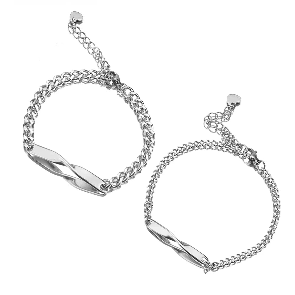 2pcs/set Titanium Steel Manufactured Mobius Couple Bracelet Customized Name Date Carved Bracelet Male and Female Jewelry Gifts