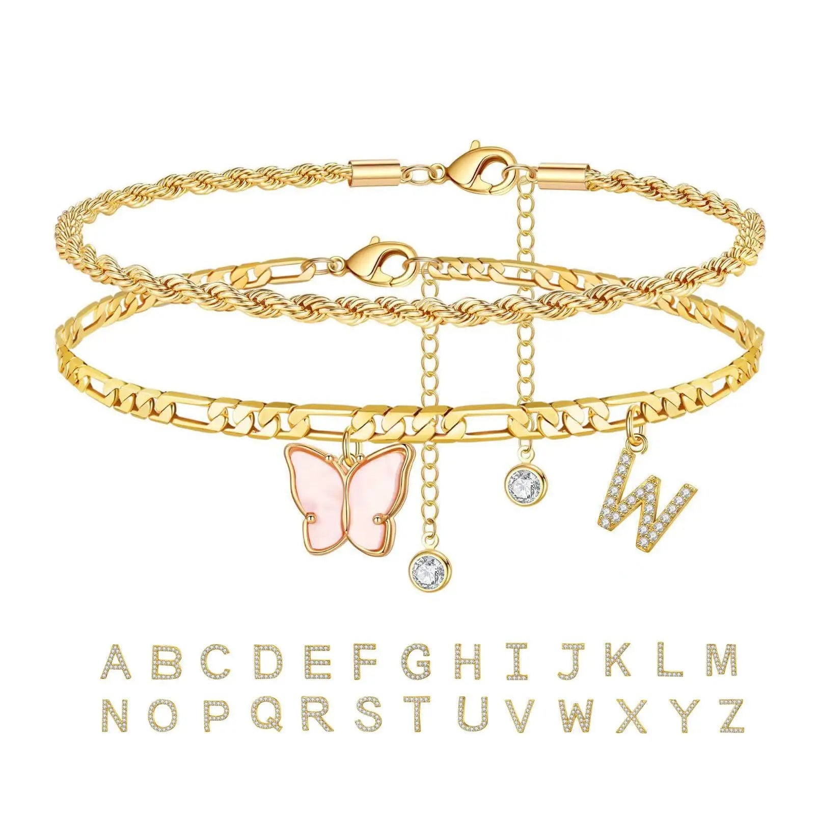 2Pcs Stainless Steel Initial Anklet Set For Women 26 Letter Acrylic Butterfly Charm Chain On Foot Summer Ankle Bracelet Jewelry