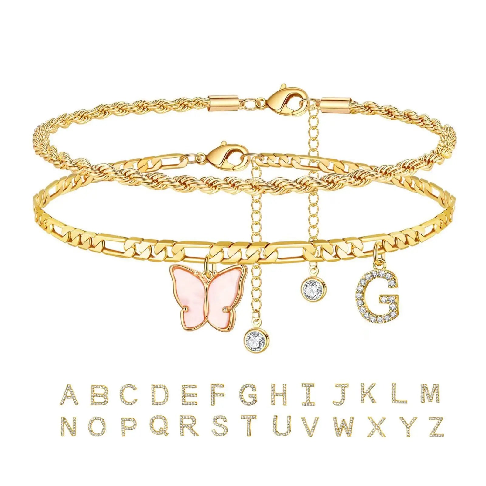 2Pcs Stainless Steel Initial Anklet Set For Women 26 Letter Acrylic Butterfly Charm Chain On Foot Summer Ankle Bracelet Jewelry