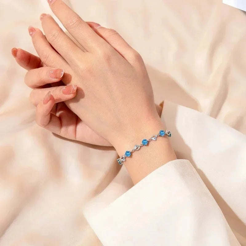 925 Sterling Silver Heart Shaped Necklace Bracelet Set for Women Vintage Korean Blue Crystal Bracelets Jewelry Set Party Jewelry