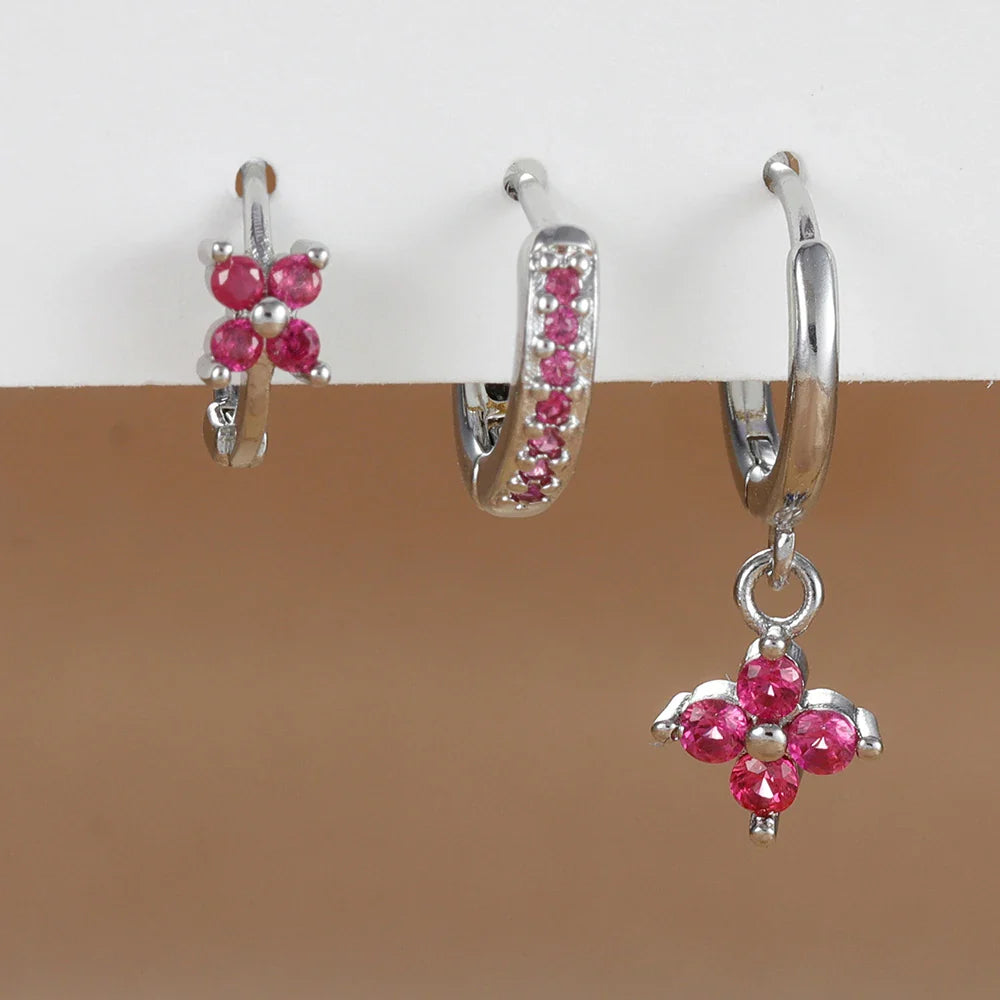 3PCS Trendy Stainless Steel Flower Drop Earring Set For Women Crystal Zirconia Dangle Earring Hypoallerg Piercing Jewelry aretes