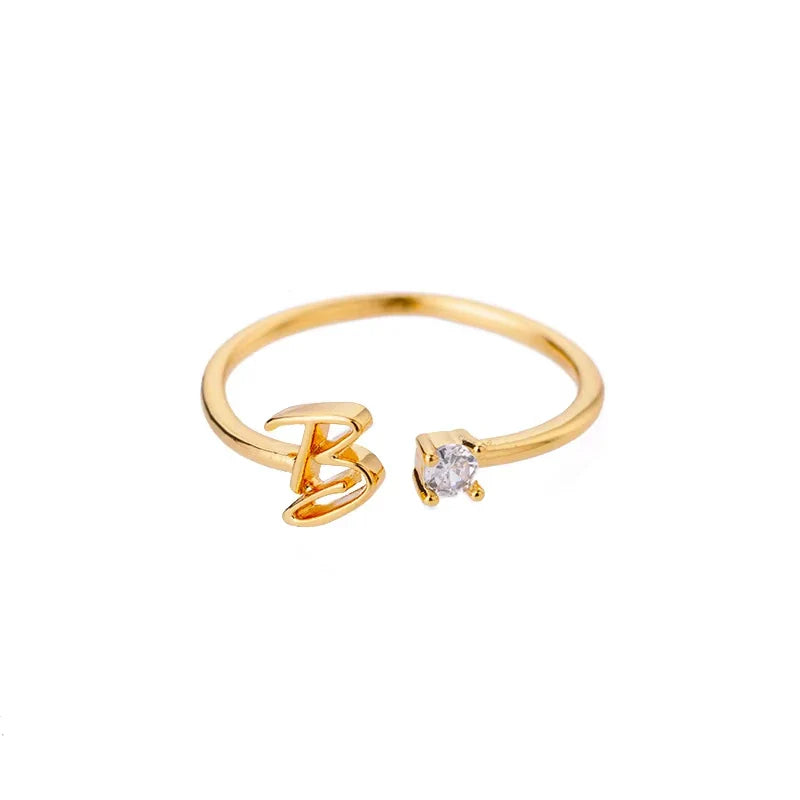 A-Z Initial Letter Open Rings for Women Stainless Steel Gold Color Zircon Adjustable Ring Trendy Couple Wedding Jewelry Gift