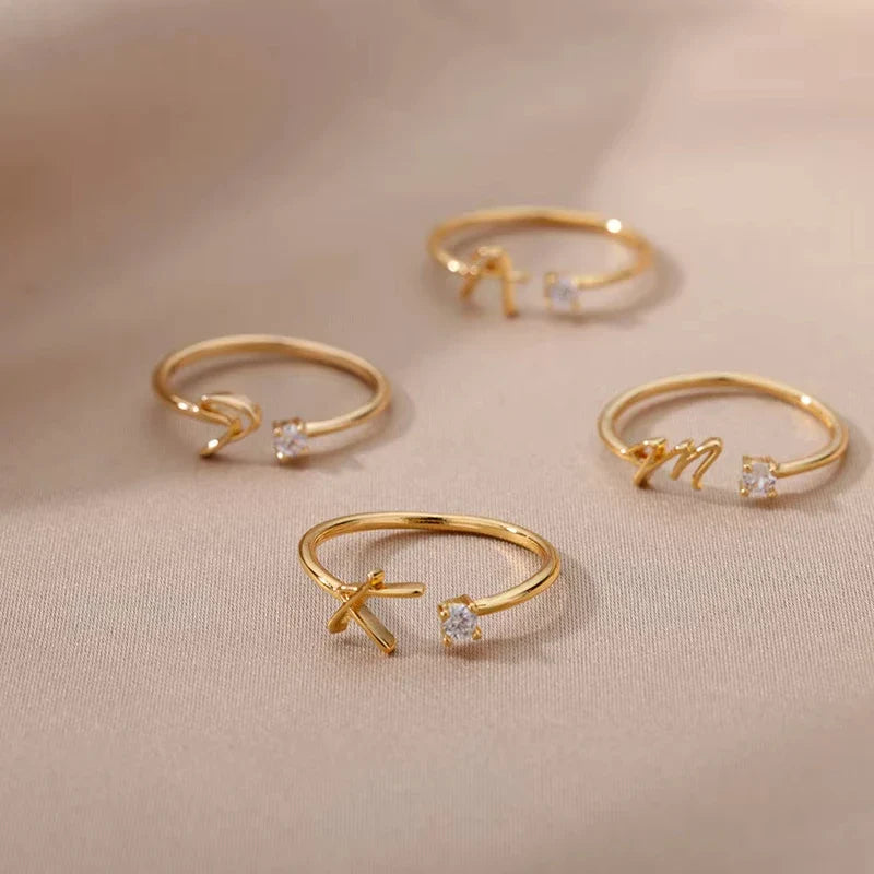 Zircon Initial Letter Ring for Women Stainless Steel Gold Color Alphabet Open Ring Trendy Wedding Birthday Aesthetic Jewelry