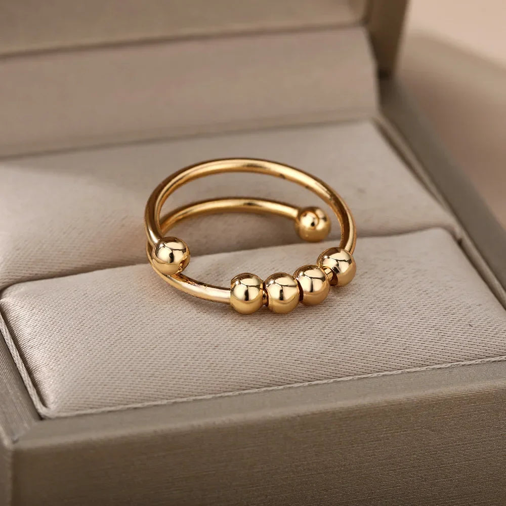 Anti-Stress Rotating Beads Rings for Women Men Gold Color Stainless Steel Double Smooth Beads Finger Ring Party Jewelry Gift