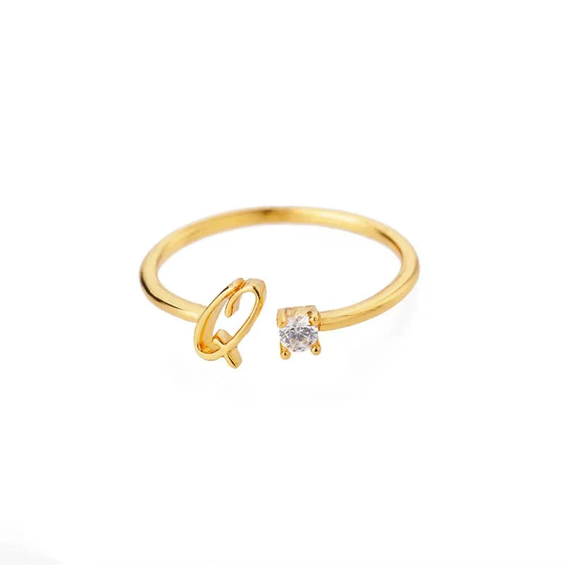 A-Z Initial Letter Open Rings for Women Stainless Steel Gold Color Zircon Adjustable Ring Trendy Couple Wedding Jewelry Gift