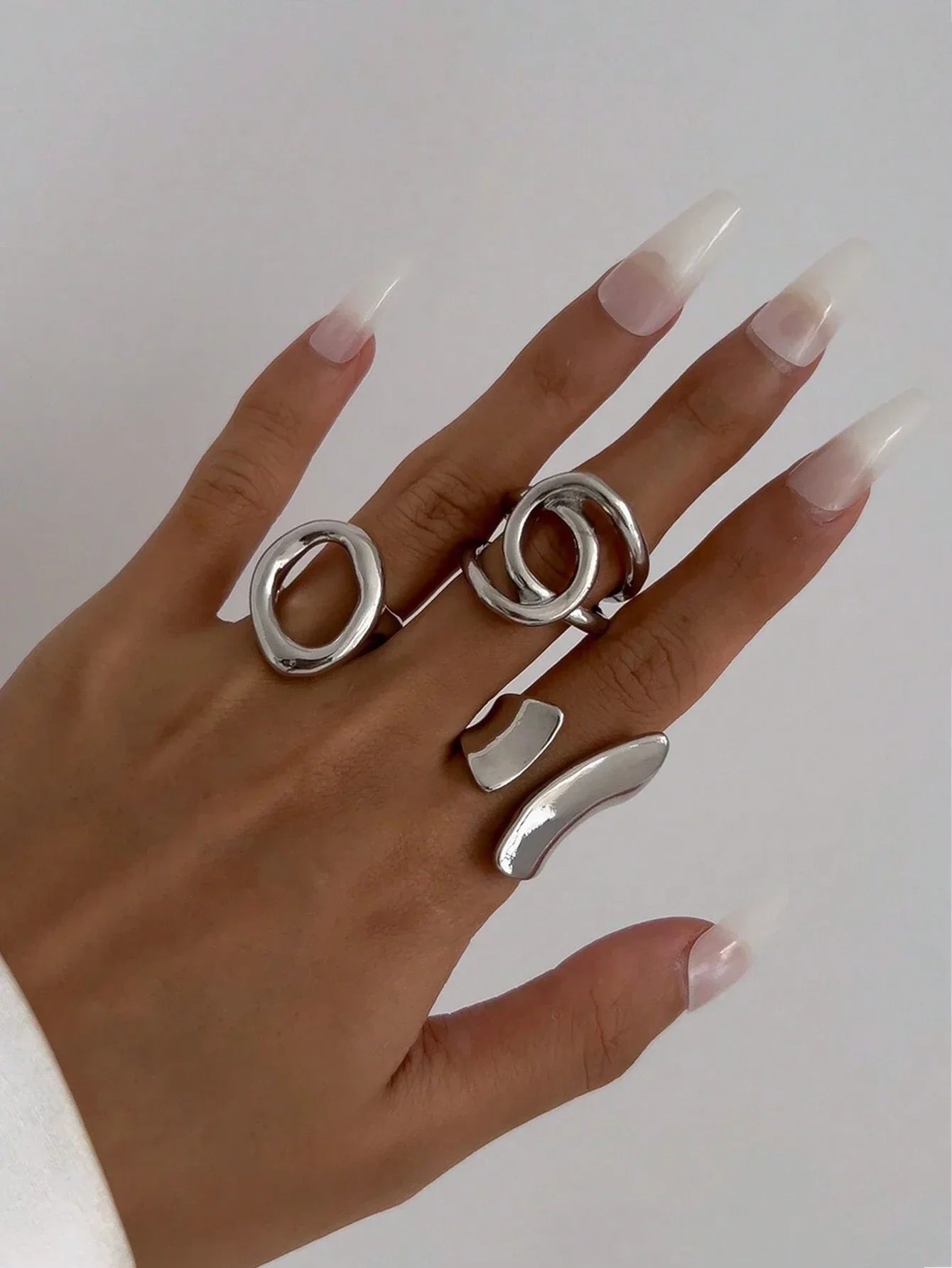 3pcs Retro Punk Exaggerated Asymmetrical Ring Set for Women Fashion Minimalist Geometric Hollow Round Unique Design Ring Jewelry