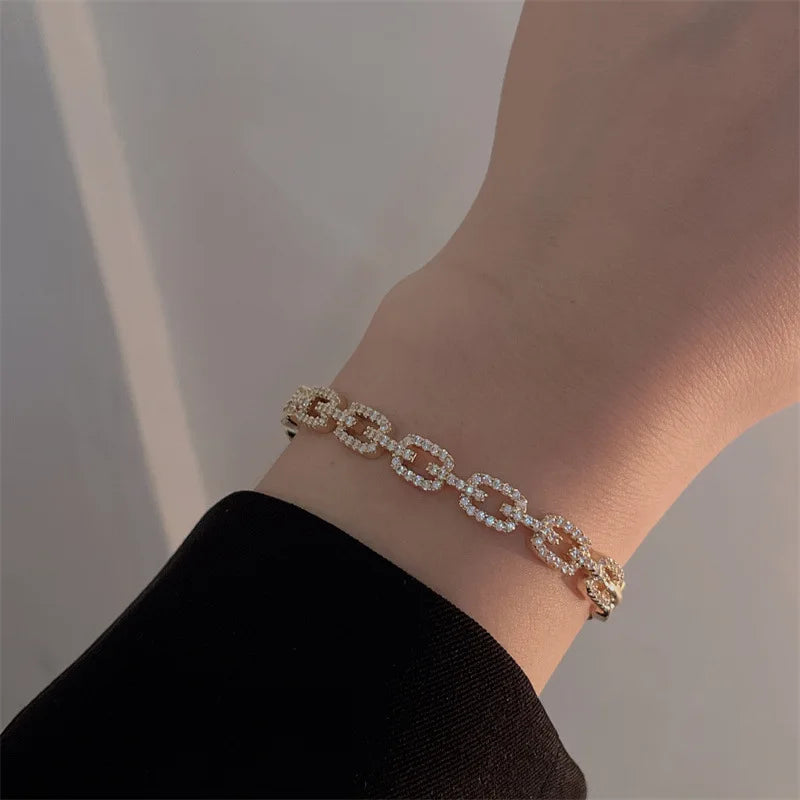 Yupsk Shiny Zircon Hollow Rectangle Link Cuff Bangle Bracelet for Women Luxury Wedding Party Jewelry Women's Gift