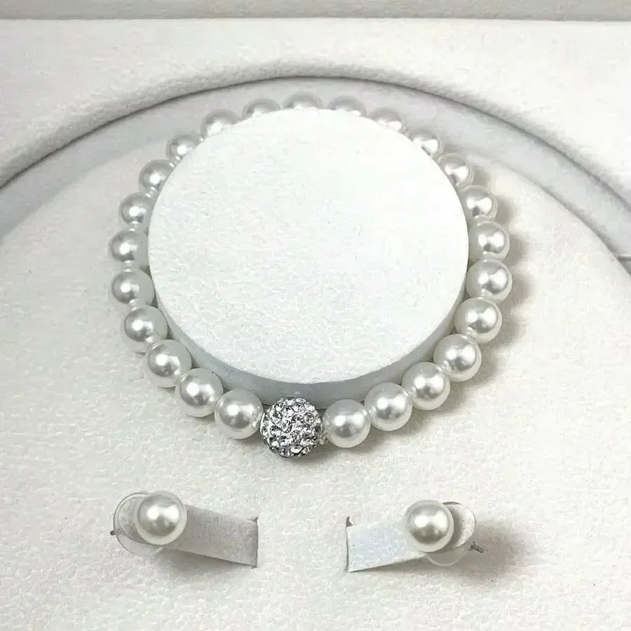 3 PCS Imitation Pearl Fireball Necklace Bracelet Earring Stud Jewelry Set Silver Color Crystal Stone Elegant Bridal Jewelry Gift