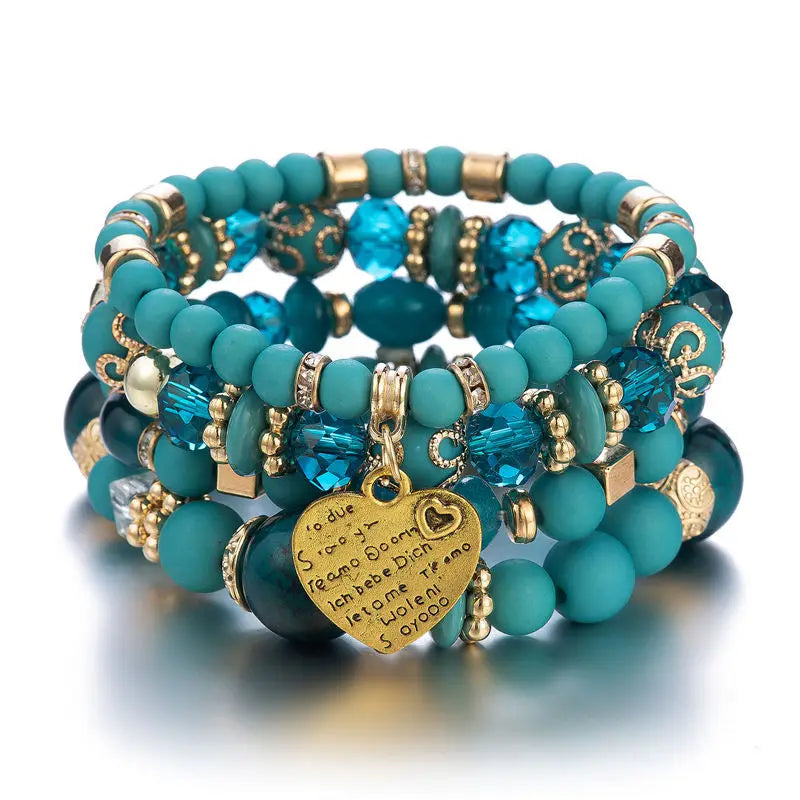 4Pcs/set Boho Ethnic Heart Beaded Bracelet Set For Women Handmade Crystal Beads Chain Bangle Female Bohemia Jewelry Gift