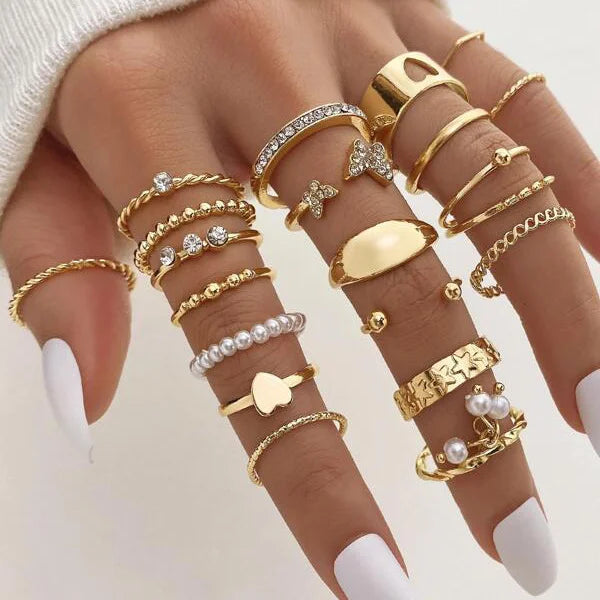 30 PCS Silver Color Geometric Ring Set For Women Vintage Heart Eye Cross Sun And Moon Leaf Charm Finger Ring Female Boho Jewelry