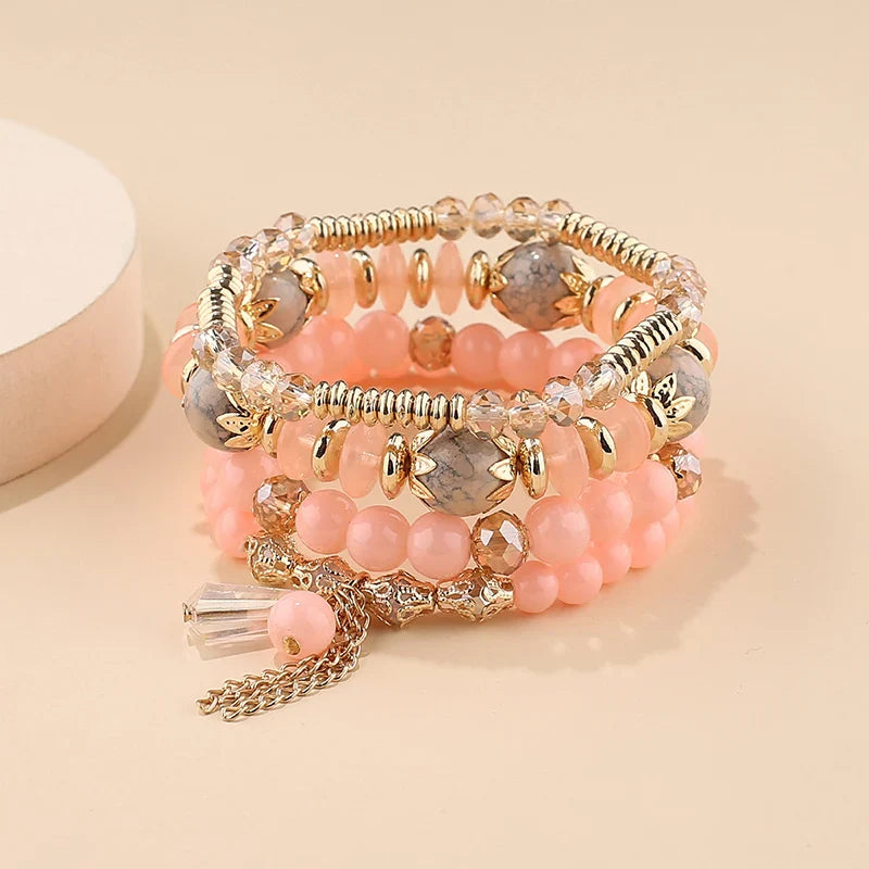 4Pcs New Tassel Charm Beads Bracelet Set For Women Colorful   Glass Beaded Chain Bangle Female Bohemian Jewelry