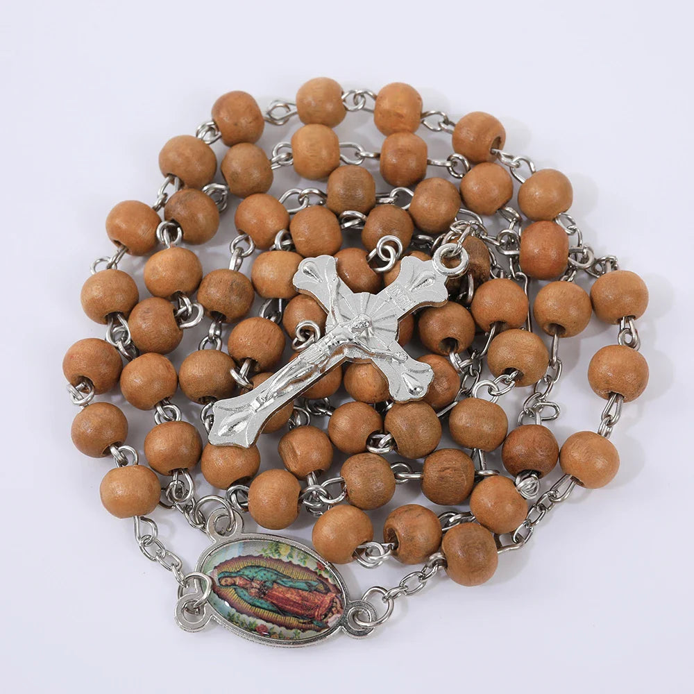 Blue Rosary Necklace For Women Men 6MM Wooden Prayer Beads Long Chain Religious Virgin Mary Cross Pendant Men Party Jewelry Gift