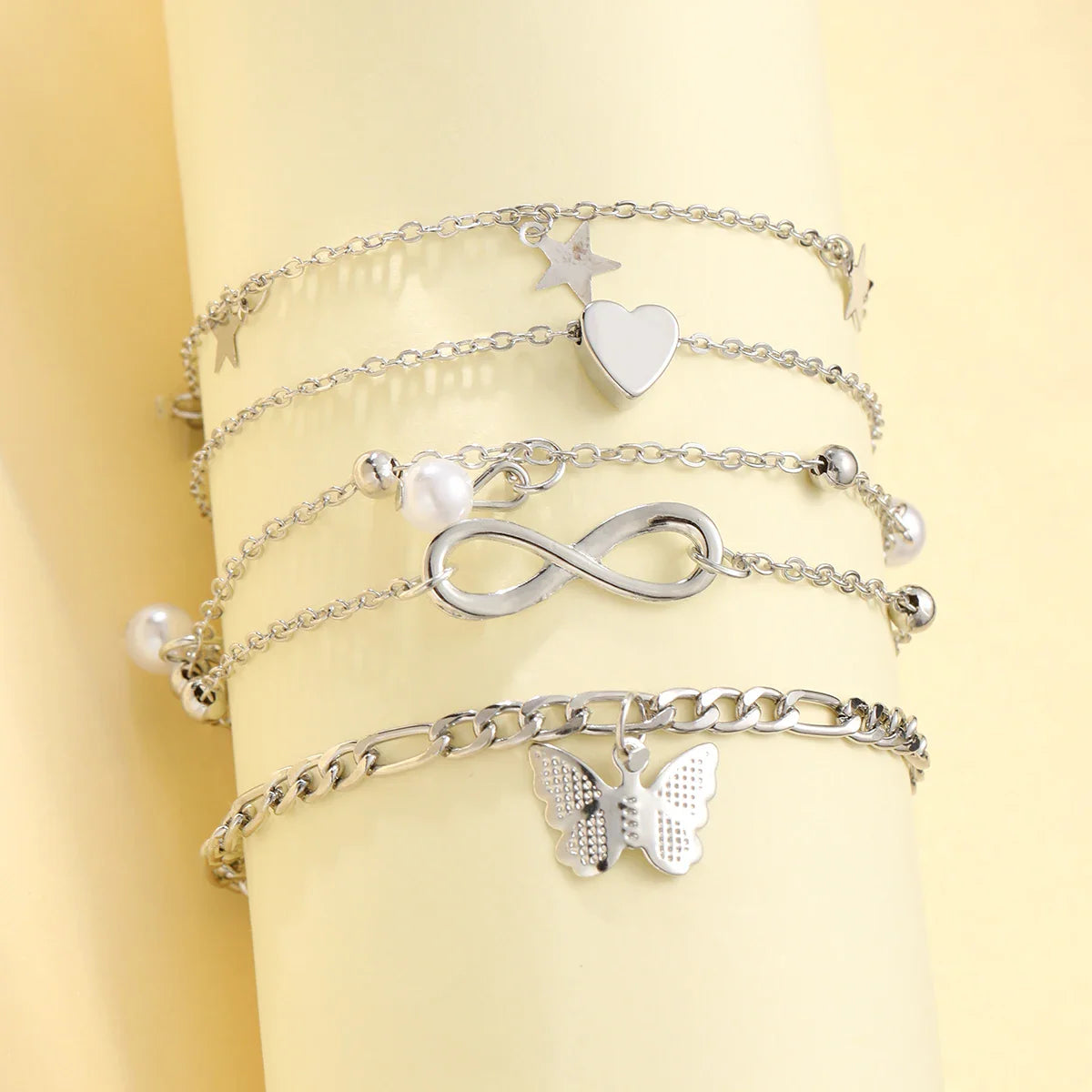 Bohemian Summer Beach Anklet Set For Women Vintage Silver Color Pearl Butterfly Star Heart Pendant Charm Chain On Leg Jewelry