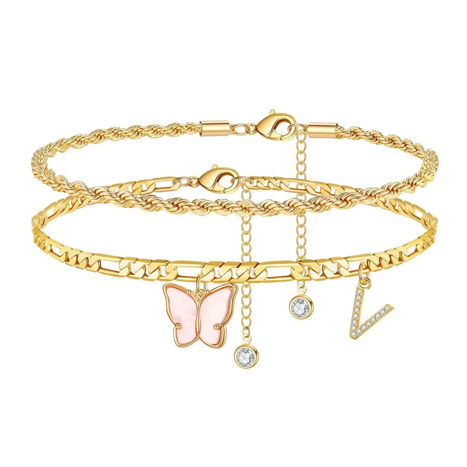2Pcs Stainless Steel Initial Anklet Set For Women 26 Letter Acrylic Butterfly Charm Chain On Foot Summer Ankle Bracelet Jewelry