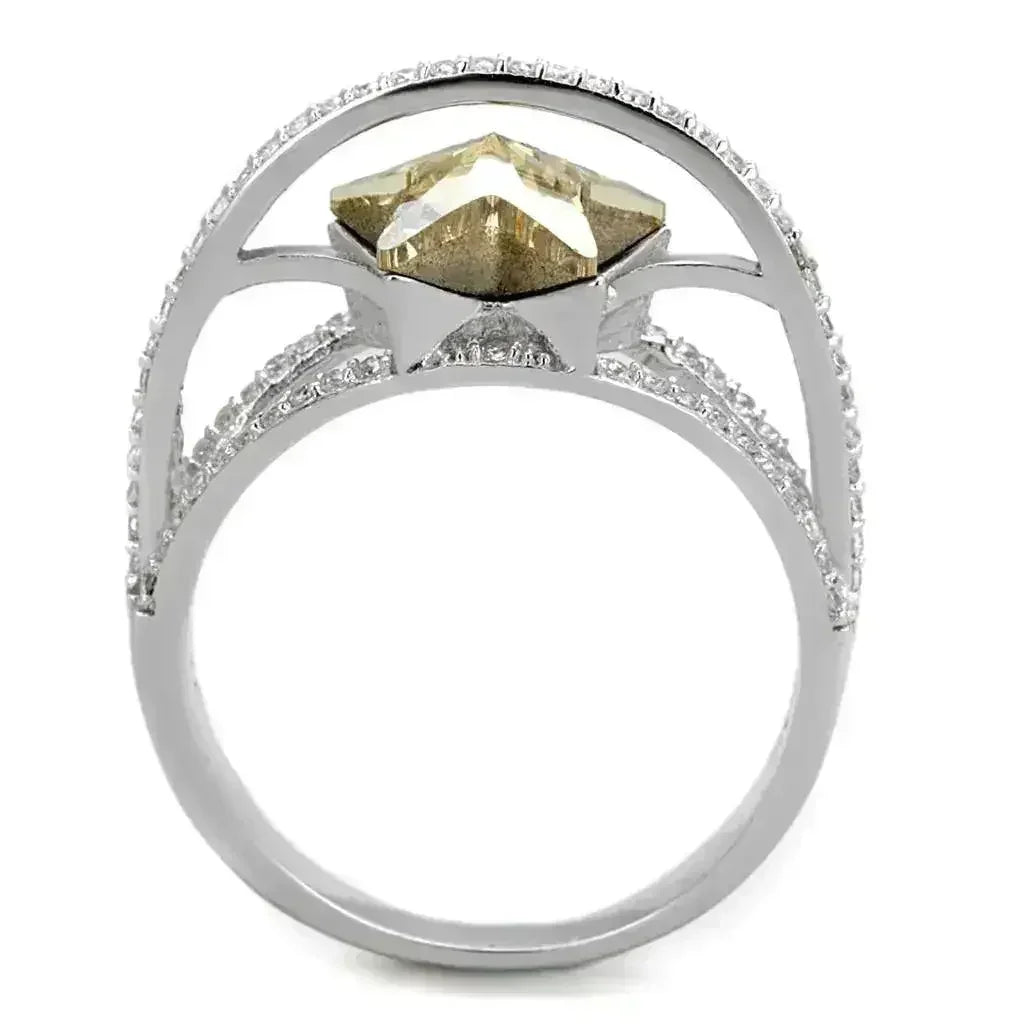 TS315 Rhodium Sterling Silver Ring – Citrine Yellow Crystal Statement Piece