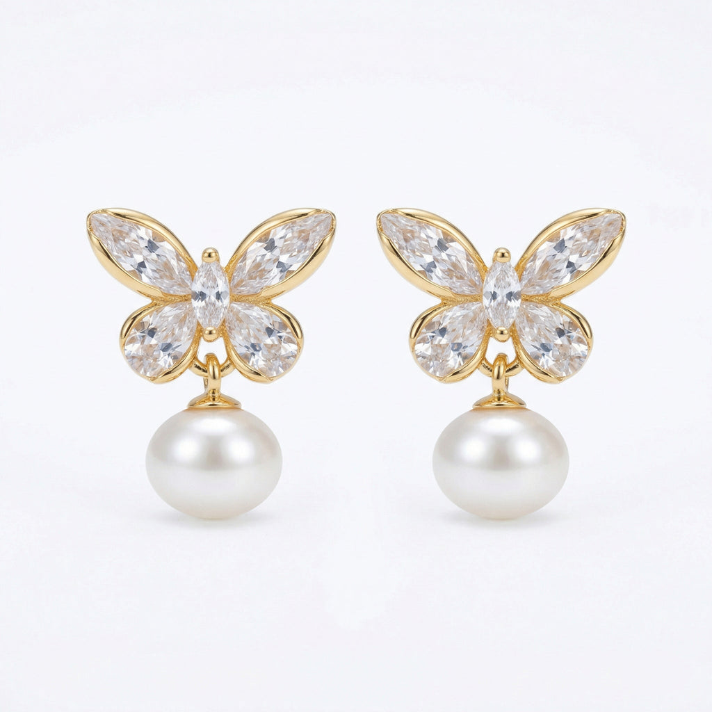 925 Sterling Silver Elegant Crystal Butterfly and Lustrous Pearl Drop Earrings