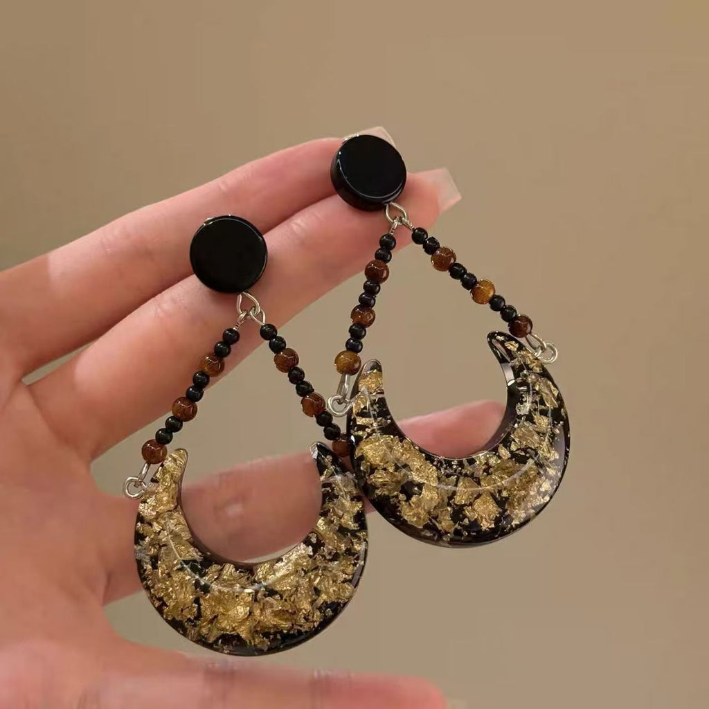 Retro Black & Gold Moon Beaded Stud Earrings, Hong Kong Style Niche High-end Jewelry