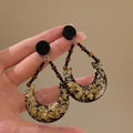 Retro Black & Gold Moon Beaded Stud Earrings, Hong Kong Style Niche High-end Jewelry