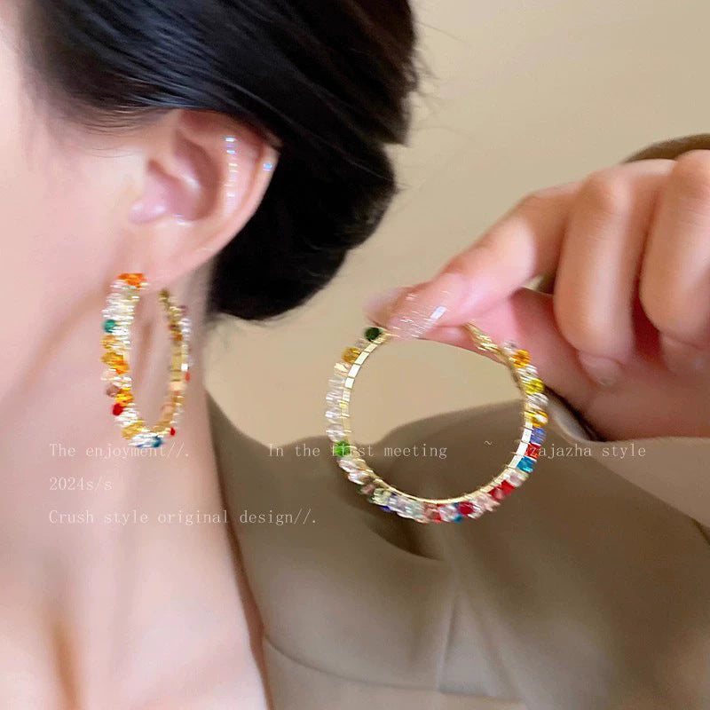 Boho Multicolor Crystal Square Hoop Earrings For Women, Dainty Gold Plated Rainbow CZ Geometric Hoop Earrings, Summer Vacation Beach Jewelry Gift