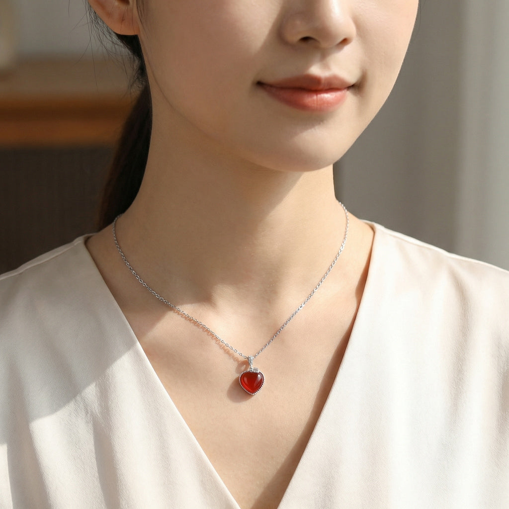 925 Sterling Silver Elegant Sterling Silver Heart Necklace with Vibrant Red Gemstone Pendant