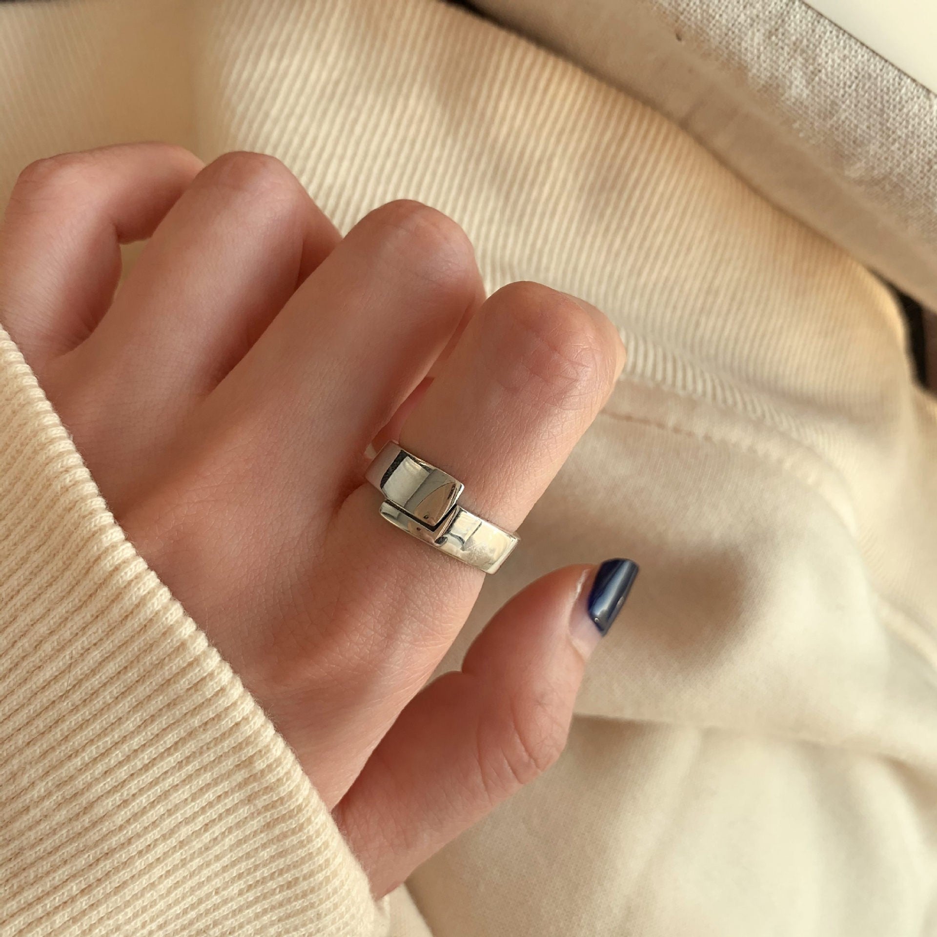 925 Sterling Silver Minimalist Rings For Women, Korean Style Niche Design, Non-Tarnish Vintage Heavy Duty Finger Rings Jewelry