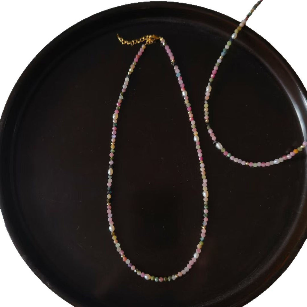 Natural Tourmaline And Freshwater Pearl Beaded Necklace