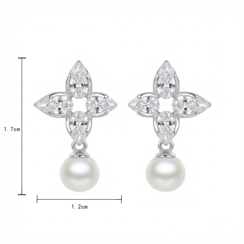 925 Sterling Silver Elegant Floral Marquise Cluster Pearl Drop Earrings