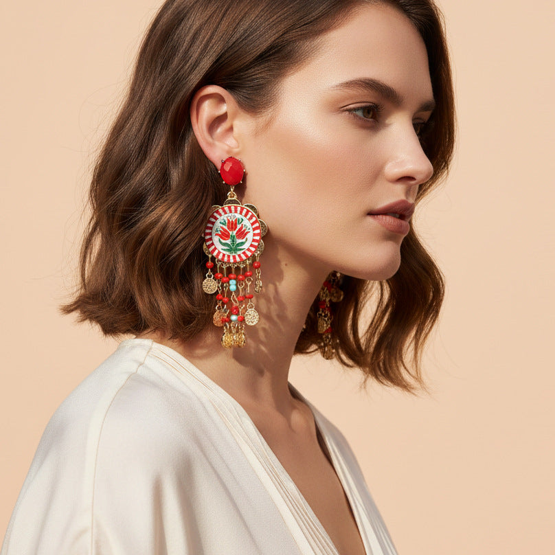 Womens Tulip-Print Tassel Casual Earrings