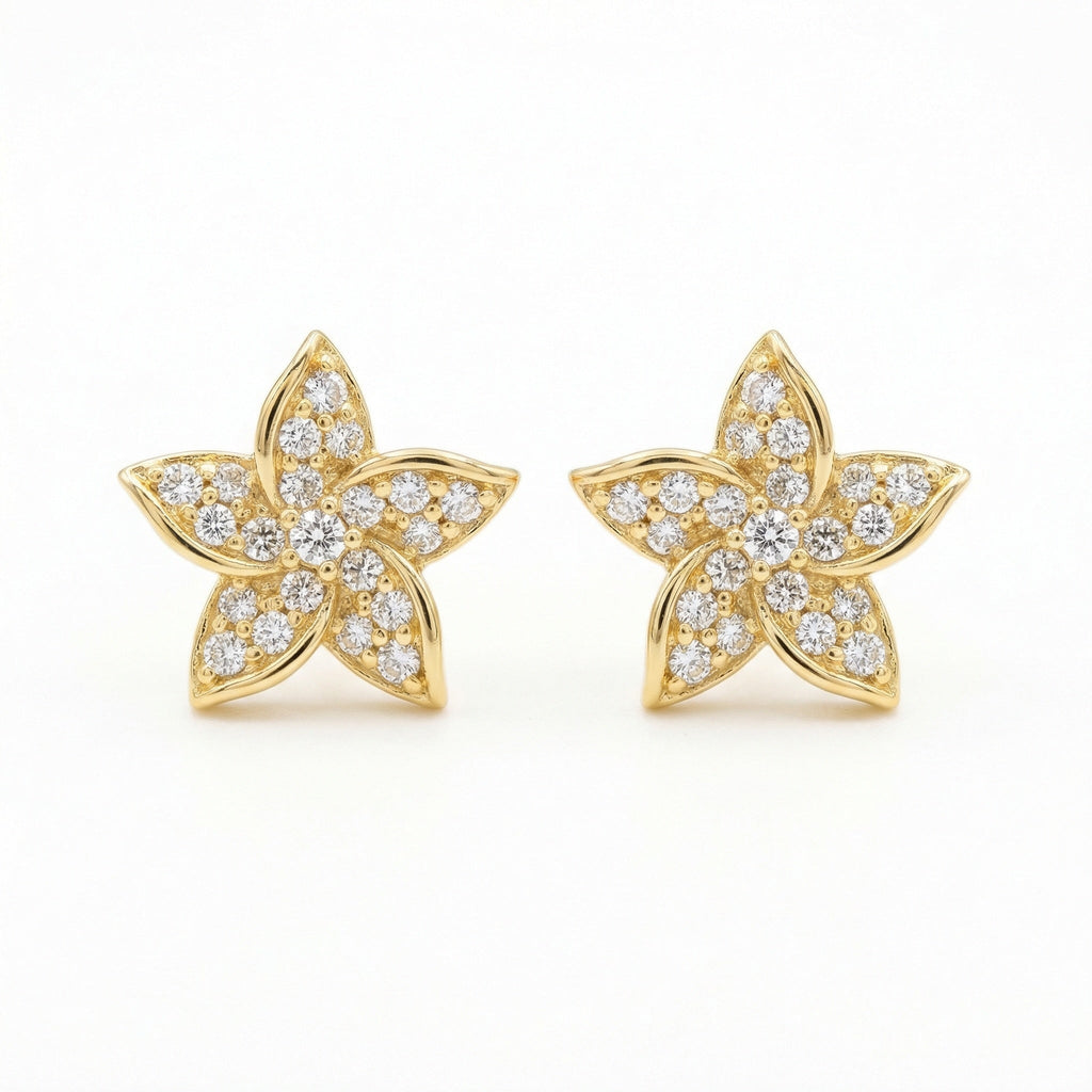 925 Sterling Silver Sparkling Floral Diamond Stud Earrings with Polished Finish